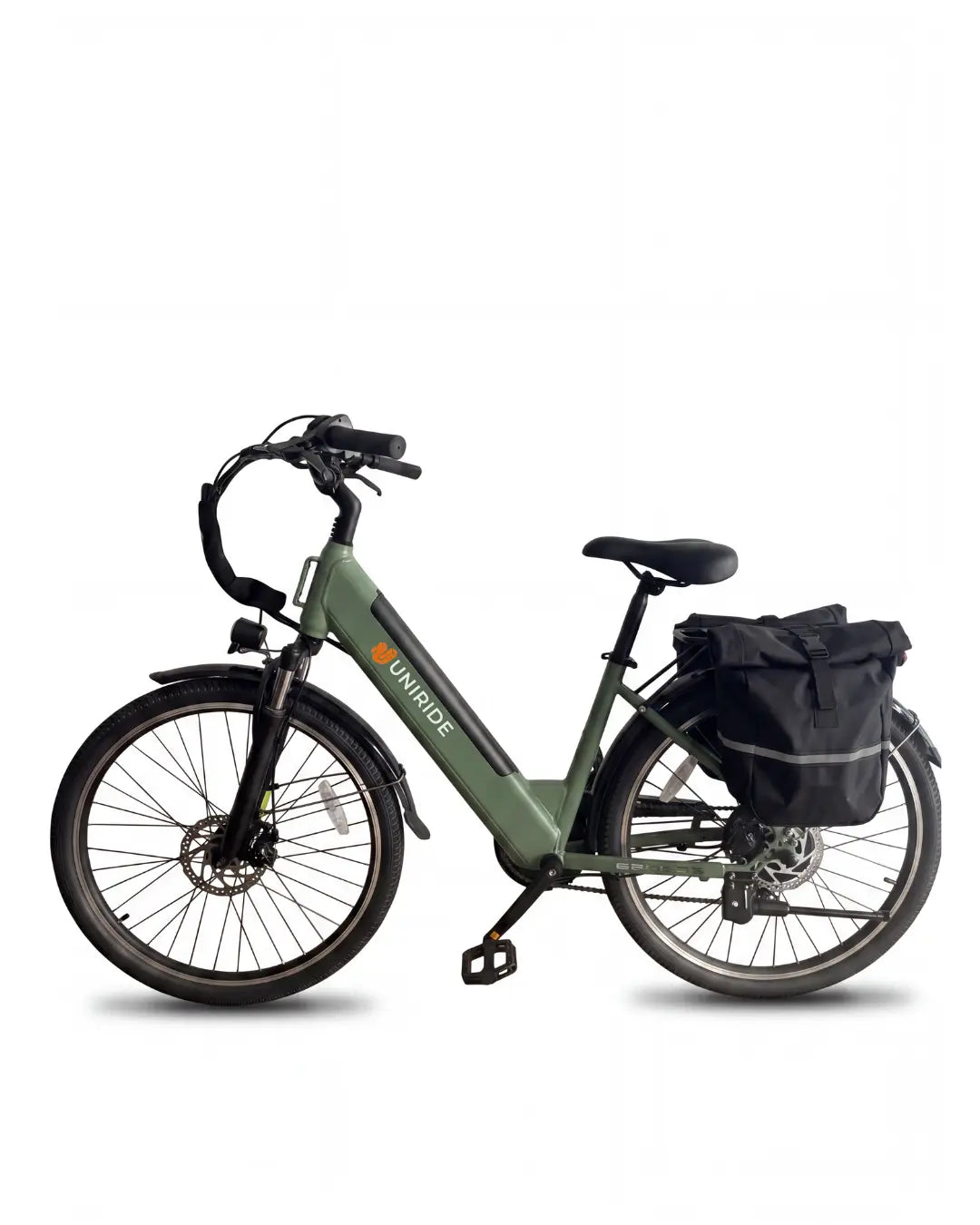 Vélo électrique de ville UNIRIDE Urban ST 500 vert, avec sacoches